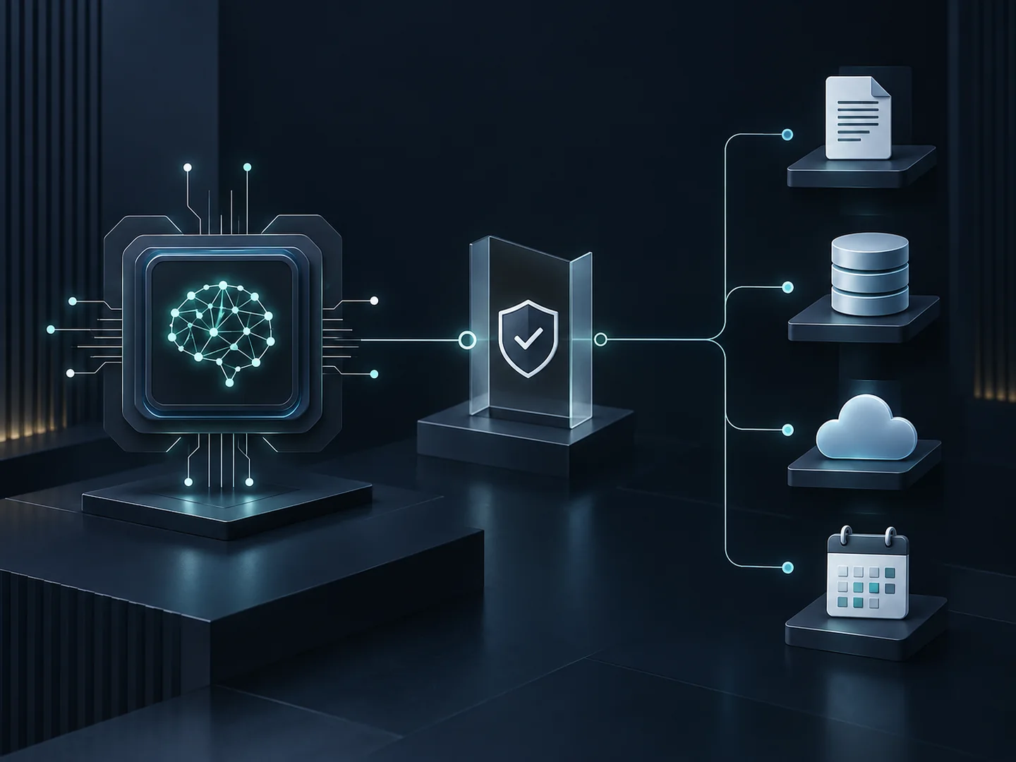 AI processor passing work through a security and human approval checkpoint to connected business tools