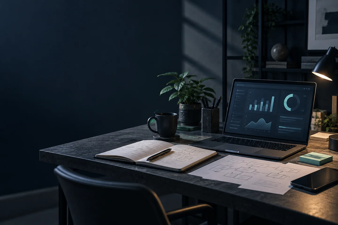 Conceptual planning workspace with a dashboard, notebook and process sketches