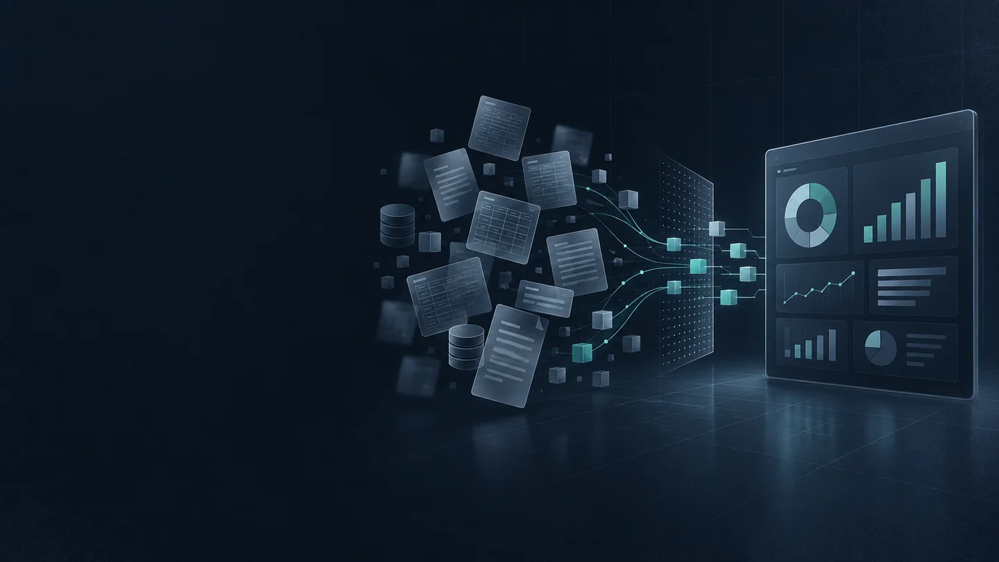 Scattered business records flowing into a reporting dashboard
